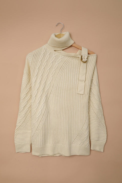 Strapped Cut Out Shoulder Turtleneck Sweater